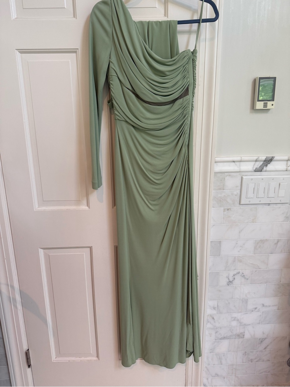 Elie Saab One-Shoulder Draped Sage Green Evening Gown